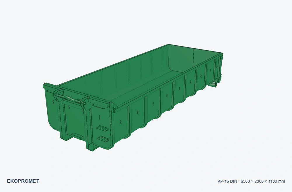 Kontener hakowy DIN 30722-1 KP-16 — wizualizacja w kolorze zielonym, 6500 × 2300 × 1100 mm