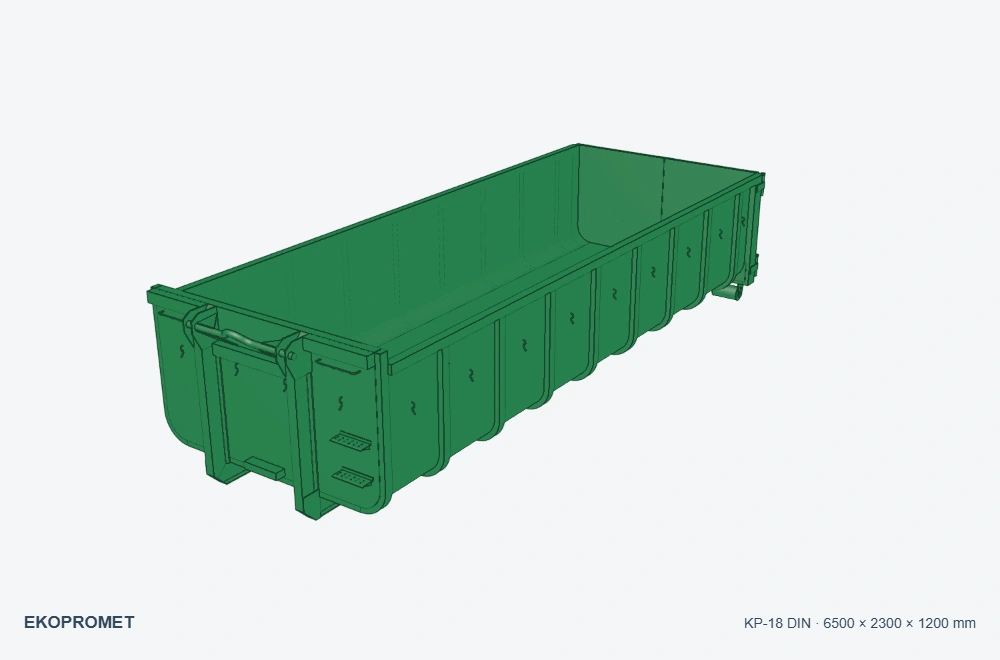 Kontener hakowy DIN 30722-1 KP-18 — wizualizacja w kolorze zielonym, 6500 × 2300 × 1200 mm