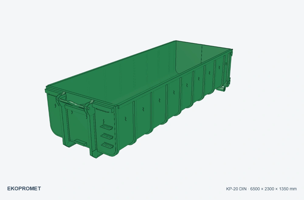Kontener hakowy DIN 30722-1 KP-20 — wizualizacja w kolorze zielonym, 6500 × 2300 × 1350 mm