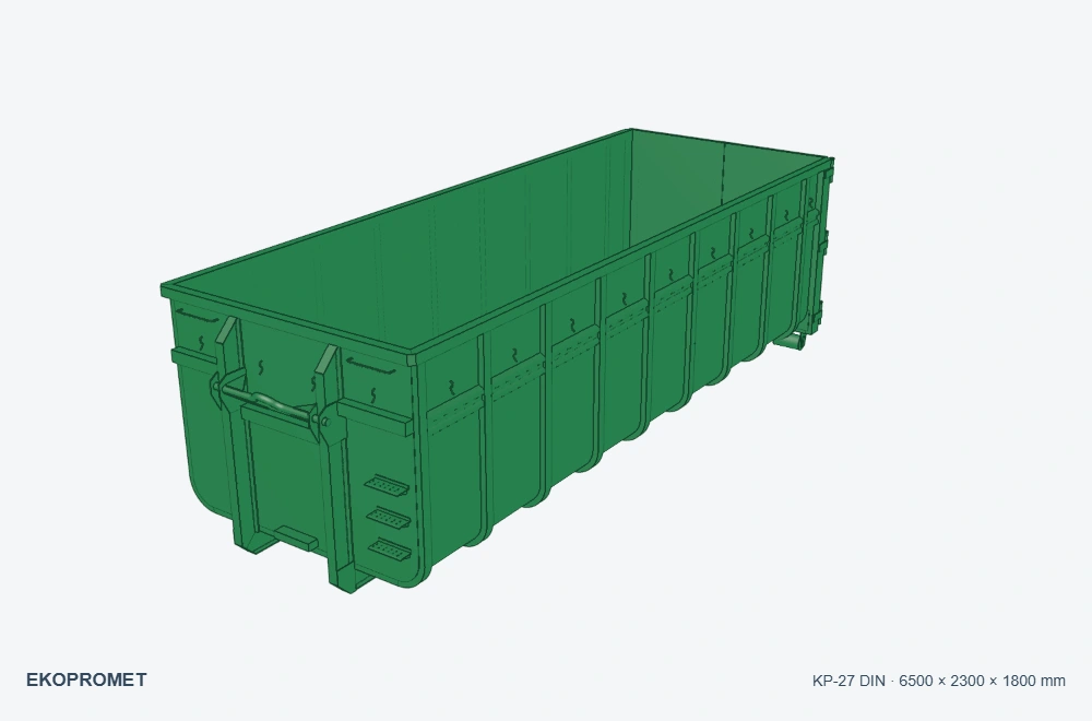 Kontener hakowy DIN 30722-1 KP-27 — wizualizacja w kolorze zielonym, 6500 × 2300 × 1800 mm