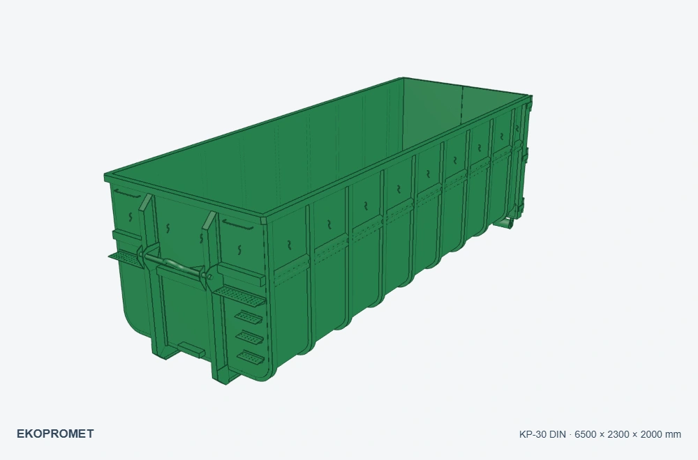 Kontener hakowy DIN 30722-1 KP-30 — wizualizacja w kolorze zielonym, 6500 × 2300 × 2000 mm