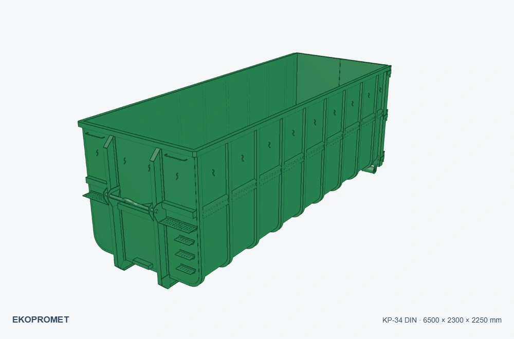 Kontener hakowy DIN 30722-1 KP-34 — wizualizacja w kolorze zielonym, 6500 × 2300 × 2250 mm