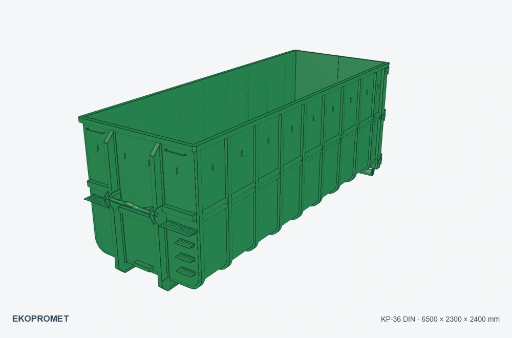 Kontener hakowy DIN 30722-1 KP-36 — wizualizacja w kolorze zielonym, 6500 × 2300 × 2400 mm