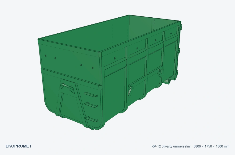 KP-12 otwarty uniwersalny EKOPROMET — zielony, wymiary wewnętrzne 3800 × 1750 × 1800 mm